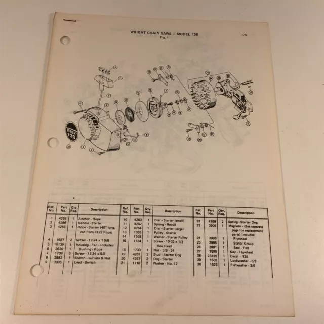 1972 Wright Model 136 Chain Saw Parts List D155612