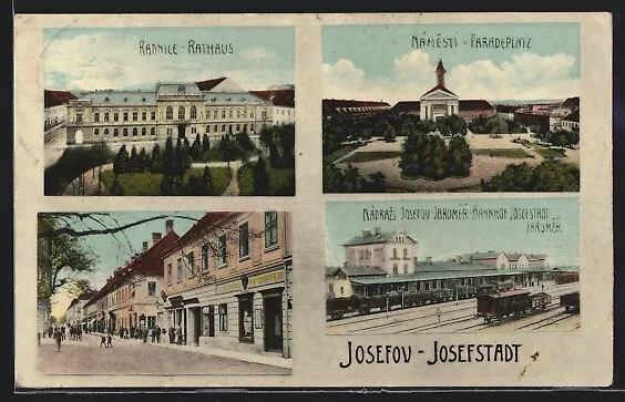AK Josefstadt / Josefov / Jaromer, Bahnhof, Straßenpartie, Paradeplatz, Rathaus