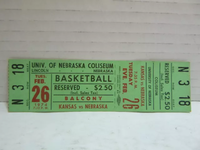 1974 Nebraska Cornhuskers v Kansas Jayhawks Basketball Unused Full Ticket -RARE