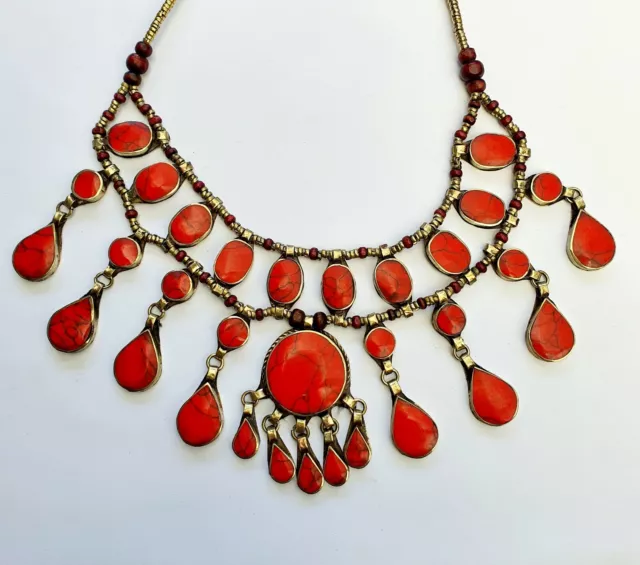 Boho Kuchi Afghan Statement Layer Gypsy Onyx red Fashion Retro bib Necklace gift