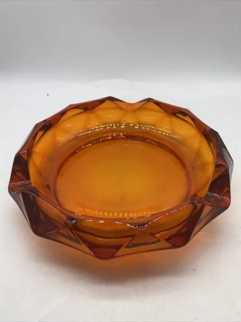 Mid Century Viking Glass Ashtray Bowl Diamond Point Orange Persimmon Decor 9”