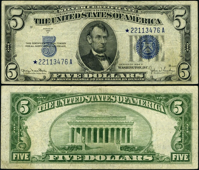 FR. 1654* $5 1934-D Silver Certificate Wide II *-A Block VF Star