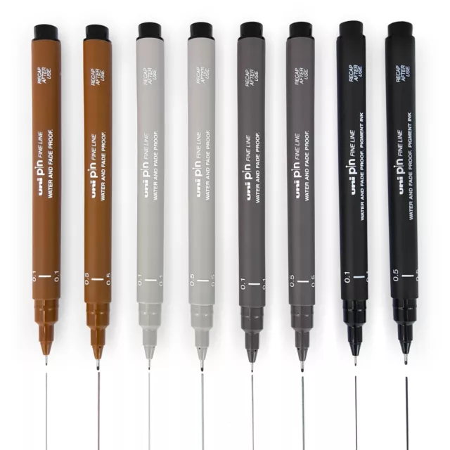Uni Pin Fineliner Drawing Pen Set of 8, 0.1mm 0.8mm & Brush Nib 3 Colours 