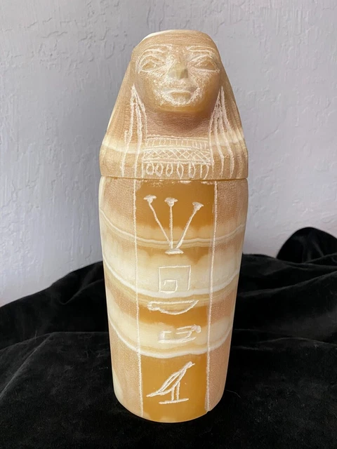 VTG Banded Egyptian Alabaster Canopic Jar with Sphinx Head, BIG, HEAVY