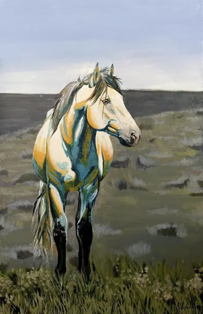 COA Original Art peinture acrylique cheval mustang Nevada WY paysage 16"x24 »