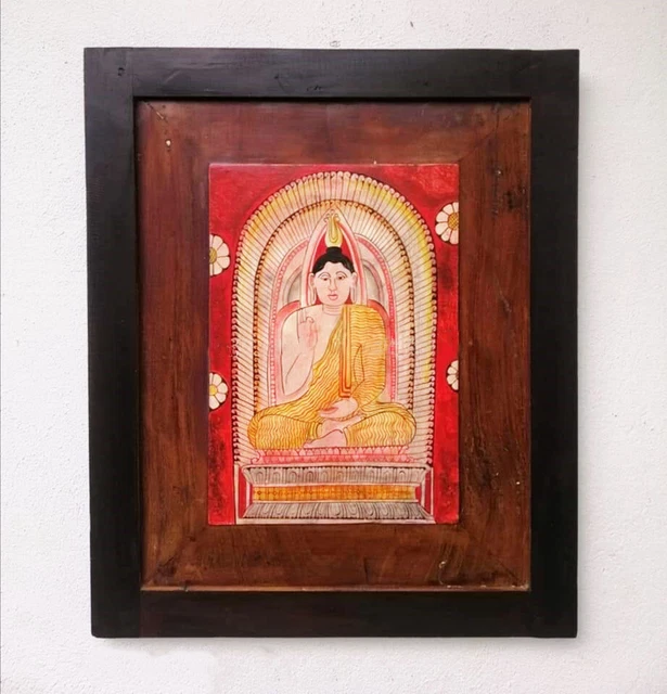 Lord Buddha Wall Art On Antique Wood Panel| Hand Painted Framed Buddha Painting