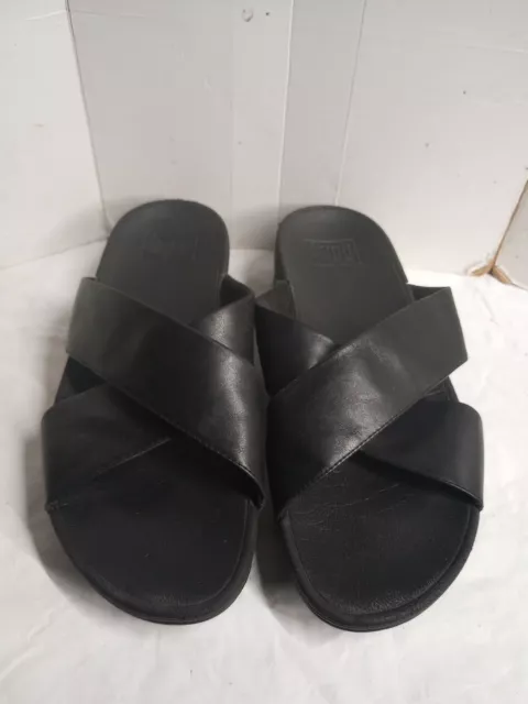 Fitflop Womens Black Leather Strappy Cross Slide Sandals Size 8