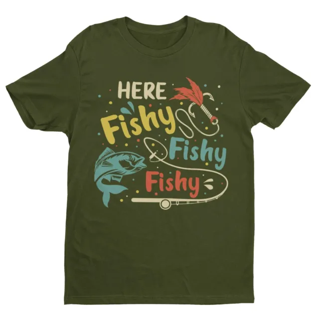 Funny Fishing T Shirt HERE FISHY FISHY FISHY Fisherman Gift Idea Dad Husband