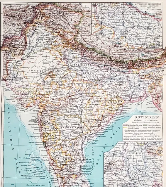 1930 India Map Ganges Delta Calcutta Mumbai Chennai Agra Kashmir Hindostan
