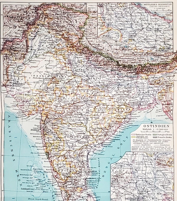 1930 India Map Ganges Delta Calcutta Mumbai Chennai Agra Kashmir Hindostan
