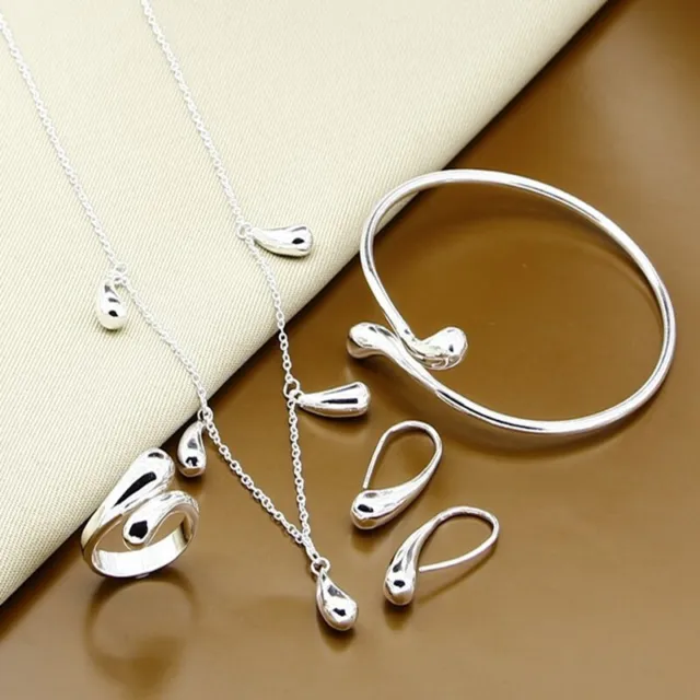 925 Sterling Silver Water Drop Bangle Pendant Chain Necklace Earrings Ring Set