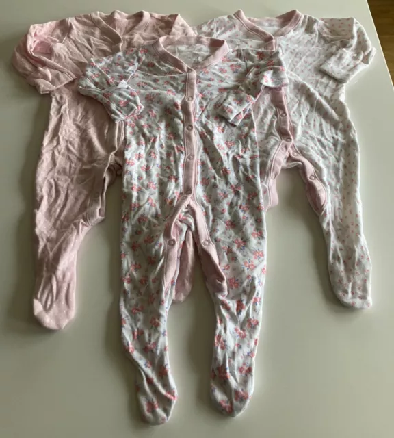 3 x Baby Girls Floral Sleepsuits Size 3-6 Months