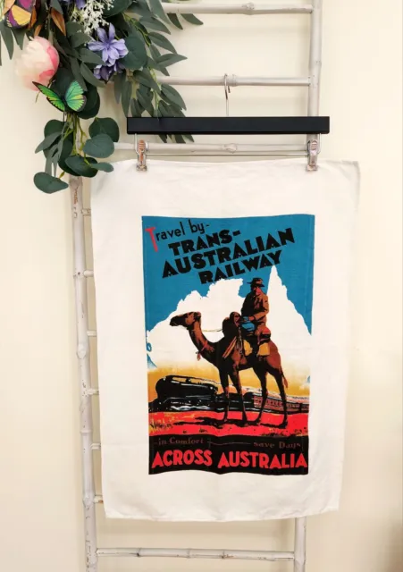 Vintage Pure Linen Tea Towel, Trans Australian Railway, Retro Design