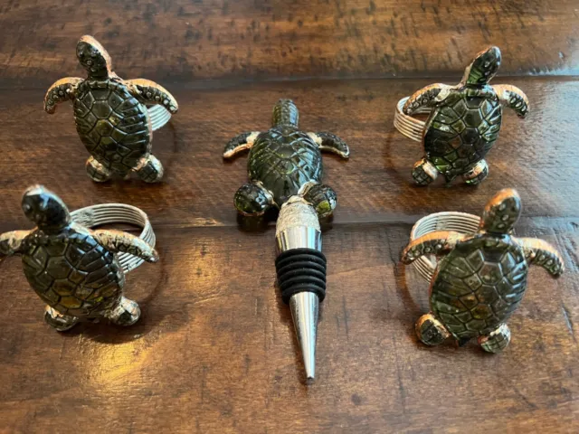 POTTERY BARN Vintage Sea Turtle Bottle Stopper Topper Cork + Napkin Rings PREOWN