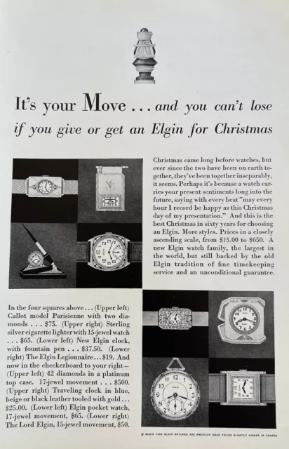 Vintage 1929 Elgin Watch Clock Christmas Gift Print Ad Chess Theme Your Move