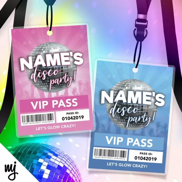 Personalised Disco Party Style Music Vip Passes Lanyards / Invitations Pink/Blue