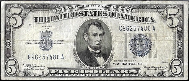 US Currency $5 Five Dollar 1934 A Silver Certificate FR 1651 Blue Seal