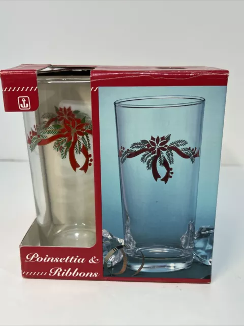 Vintage New Anchor Hocking Poinsettia & Ribbons 4pc Iced Tea Glasses 15 oz