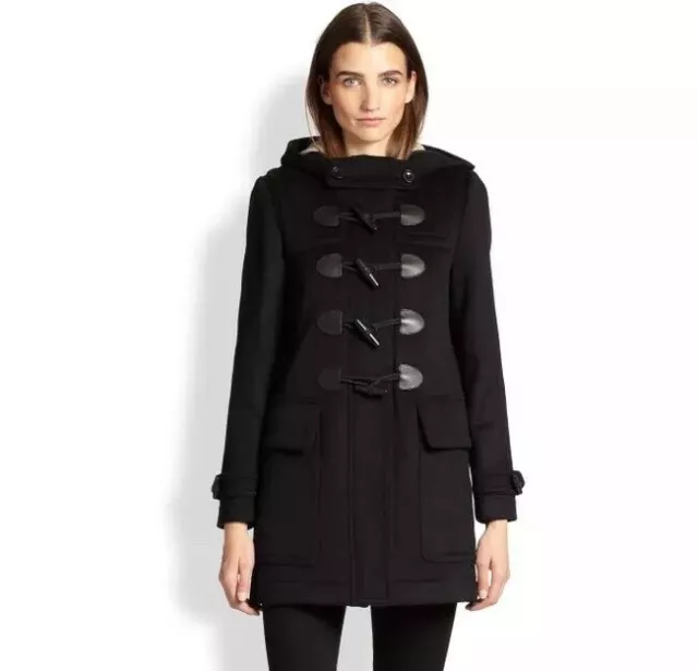 Burberry Brit Finsdale Coat 8 Black Wool Duffle Toggle Jacket Women’s Hooded