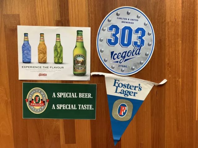 Set Of 4 Australian Beer Stickers And Banner Assorted Fosters, James Boag, CUB