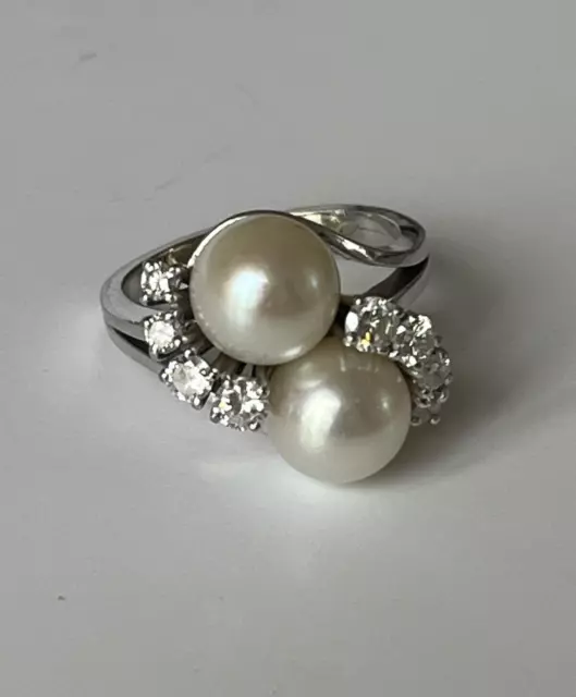 5205- Bague Or Gris Perles Diamants