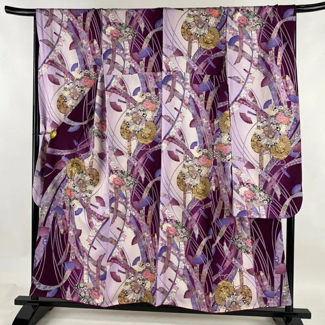 Japanese Kimono Furisode Pure Silk Flower Gold Paint Purple Color Hand Drum