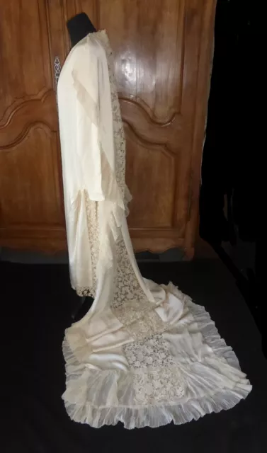 Robe de mariée ancienne en soie crème+dentelle à l'aiguille Point de Venise-1930