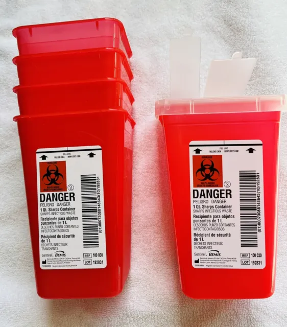 LOT OF 5 Sharps Containers 1 Quart Biohazard Needle Syringe Disposal Flip Lid