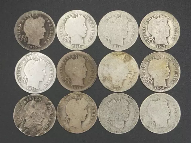 Lot of 12 Barber Silver Dimes - Culls -1906-1916-B3499