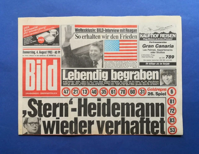Bild Zeitung - 4. 8. 1983 - `Stern `- Heidemann wieder verhaftet * Norbert Blüm