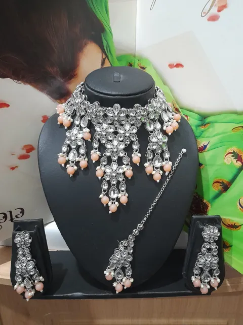 Indian Bollywood Silver Peach Beaded Necklace Earrings Tikka Jewellery Set