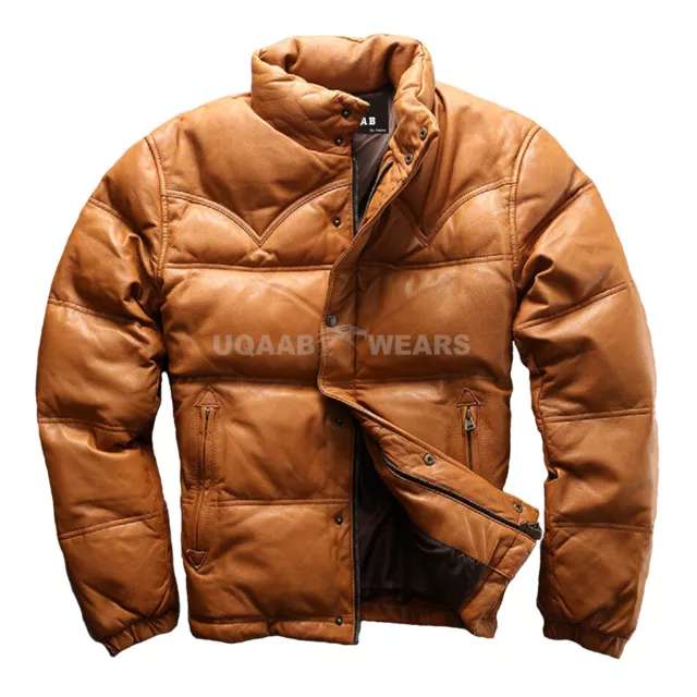 Mens Down Puffer Leather Jacket Casual Bomber Real Leather Puffy Fashion Jacket