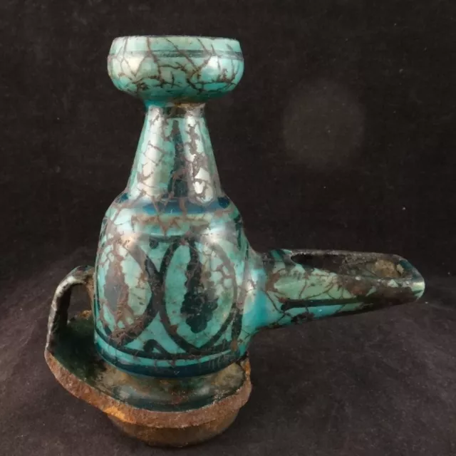 Ancient 13th-16th C. Islamic Kashan Pottery Oil Lamp w/ Turquoise Glaze. 5 ¾” t