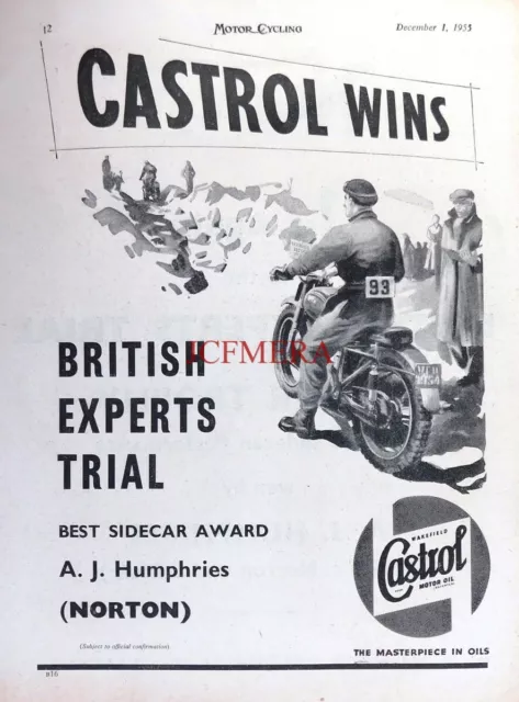 CASTROL Motor Oil 1955 Advert - A J HUMPHRIES 'British Experts Trial' Sidecar