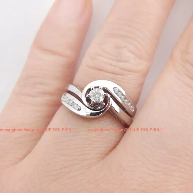 Real Genuine Natural Diamonds Solid 9k White Gold Engagement Wedding 2 Rings Set