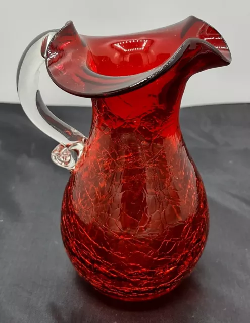 Vtg Hand Blown Ruby Red Crackle Glass Mini Pitcher With Clear Glass Handle