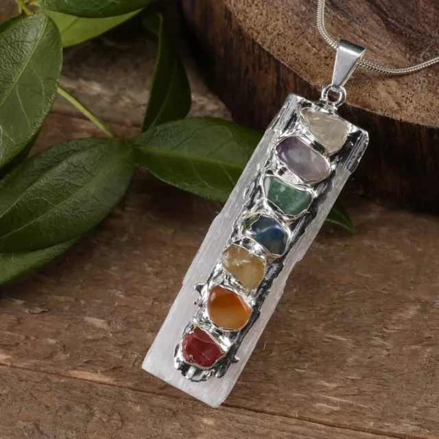 Selenite 7 Chakra Gemstone Pendant Natural Crystal Reiki CHARGED Healin Necklace