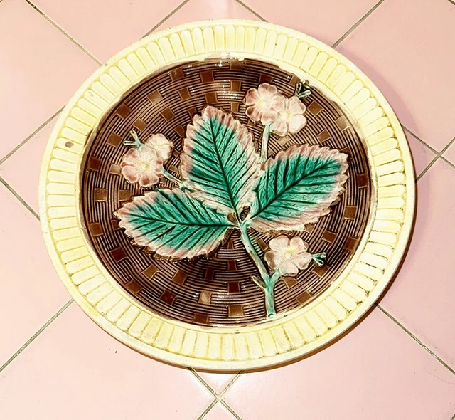 Antique Pottery Plate Majolica Glaze Strawberry Blossom Basket Weave Blackberry