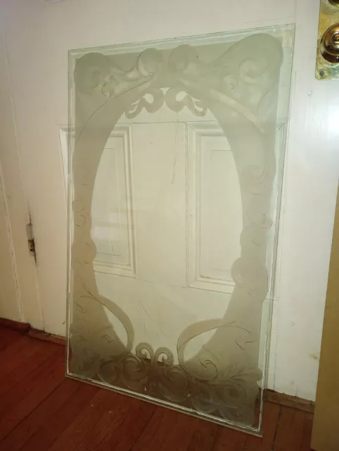 PAIR of LARGE Vintage Etched Glass Door Window Panel Lace/Ribbon 22"x35"