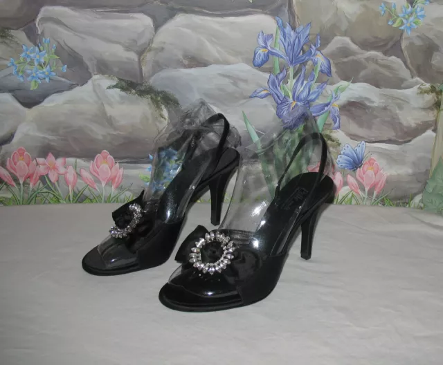 New PELLE MODA Platinum Collection "Lanie" Black Satin Rhinestone Sandals sz 8