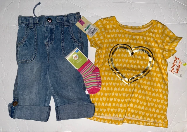 Cherokee 18M Jean, Circo Socks Grippers 12-24 Months, Yellow 18MHeart Shirt