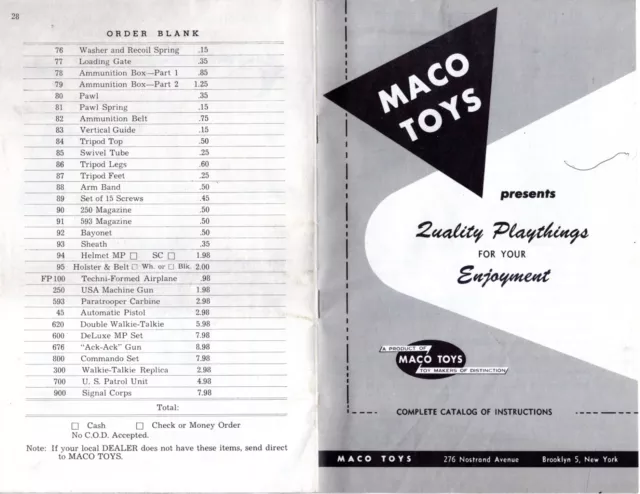 Original 1950's MACO TOY CATALOG Military GUNS Parts PLANES Vintage 28 Pages