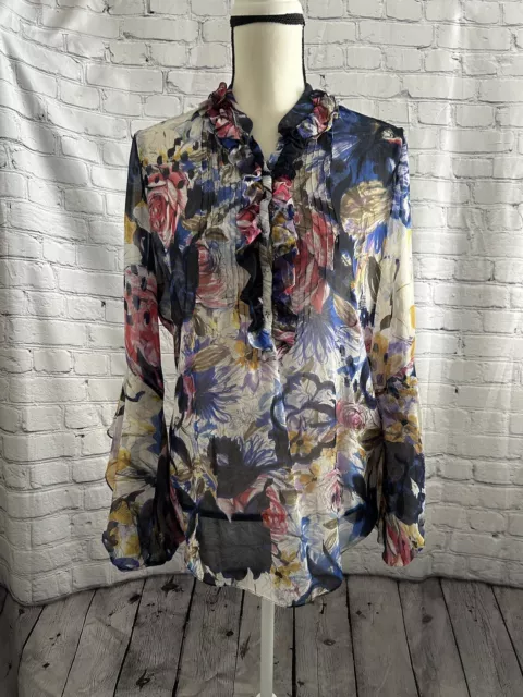 ELIE TAHARI Floral 100% Silk Sheer Long Sleeve Blouse Shirt Top Size Medium