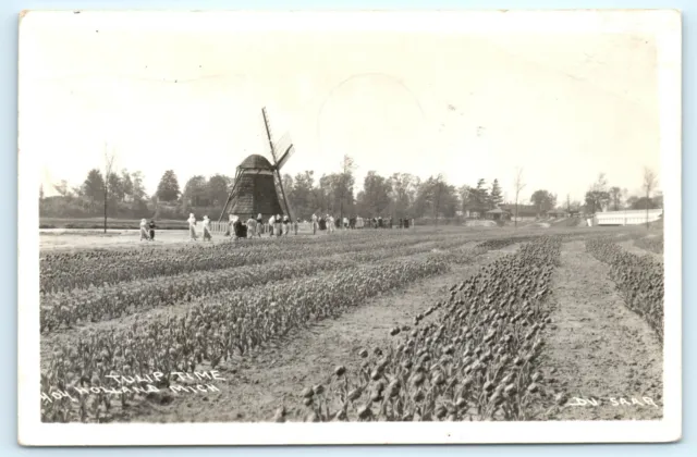 POSTCARD RPPC Tulip Time Holland Michigan Field of Flowers Windmill 1935