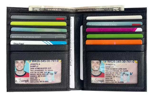 Men's Genuine Leather Bifold Wallet Slim Hipster Cowhide Credit Card-ID Black