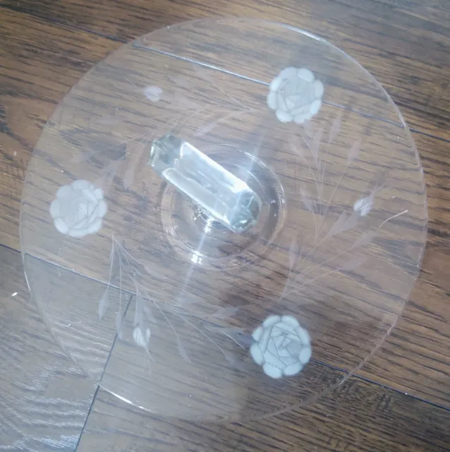 Vintage Pressed Round Clear Etched White Floral Glass Handled 9.5" Tidbit Plate