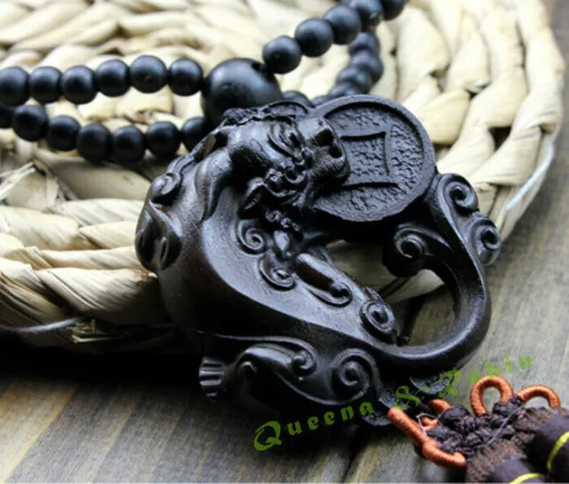 Ebony Wood Carving Chinese Wealth Pi Xiu Yao Sculpture Prayer Beads Car Hanger