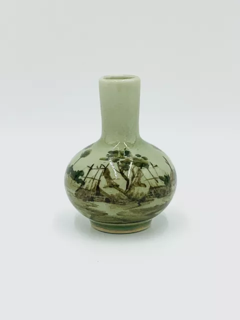 Vintage Siam Celadon Bud Vase Thailand Handmade And Painted Village Scene 8cm 2