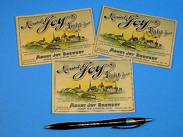 3 Original Mount Joy Light Beer Bottle Labels~Mount Joy Brewery Pa