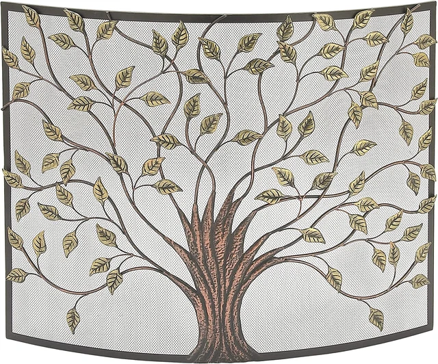 Deco 79 Metal Tree Sculpted Tree Relief Single Panel Fireplace Screen with Mesh